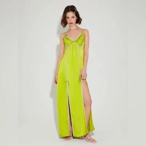 NWT Betsey Johnson satin saten elbise green pink lace maxi dress